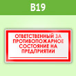 Знак «Ответственный за противопожарное состояние на предприятии», B19 (пленка, 200х100 мм)